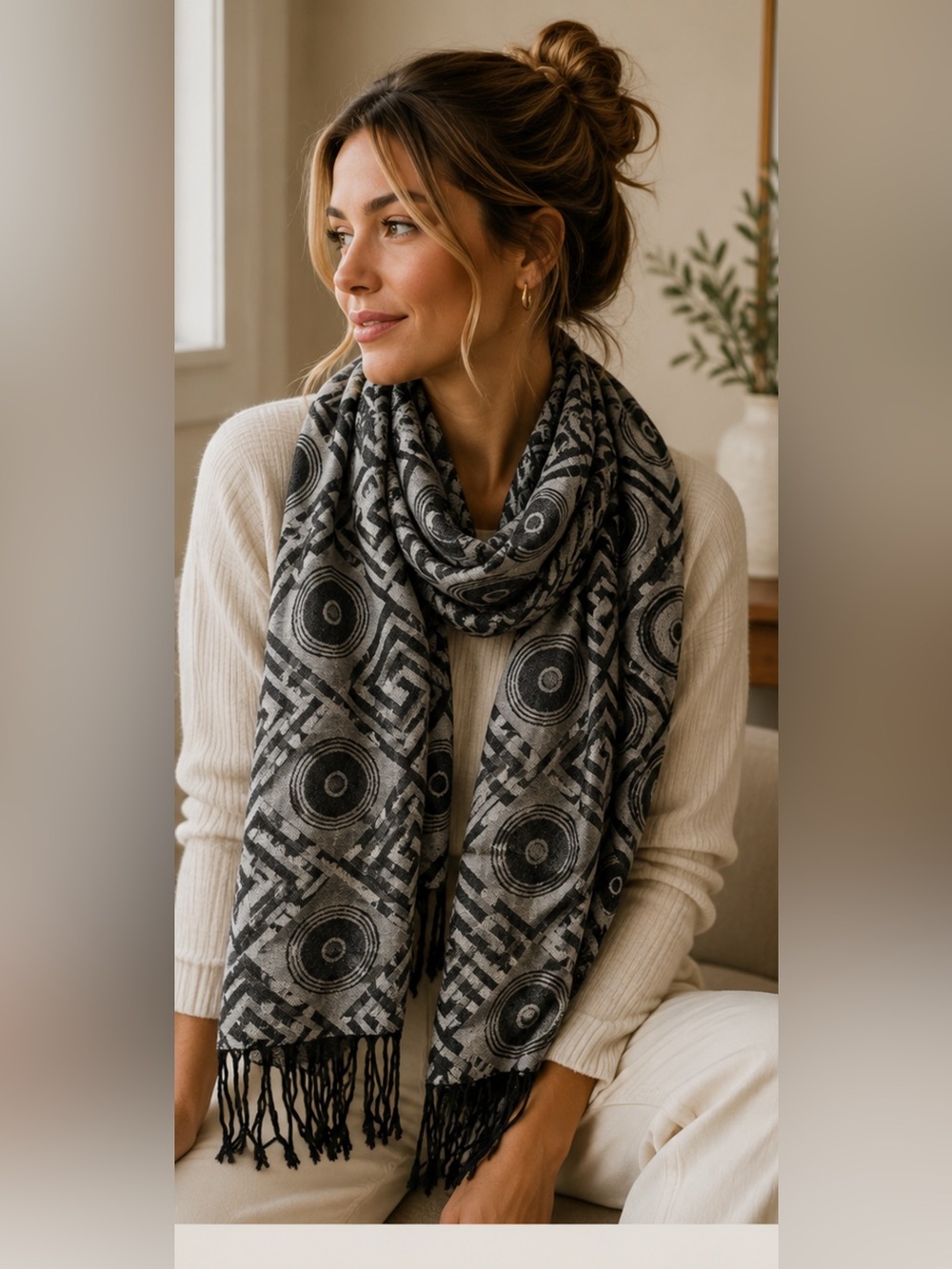 NWT Silk Cashmere Blend Pashmina Scarf Black Gray Geometric Fringe Wrap Shawl
